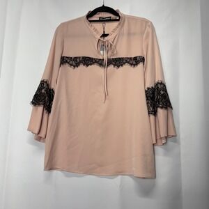 Karl Lagerfeld Paris Blouse Top Pink Lace Trim Ruffle‎ Neck Bell Sleeve